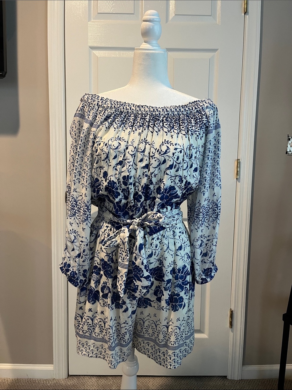 Off-Shoulder Blue Floral Belted Women’s Romper